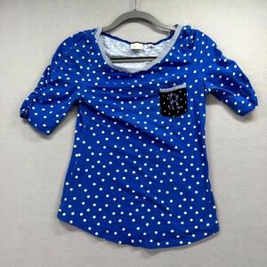9-H15 STCL Anthropologie T-Shirt Womens Small Blue White Polka Dot Ruched Sleeve